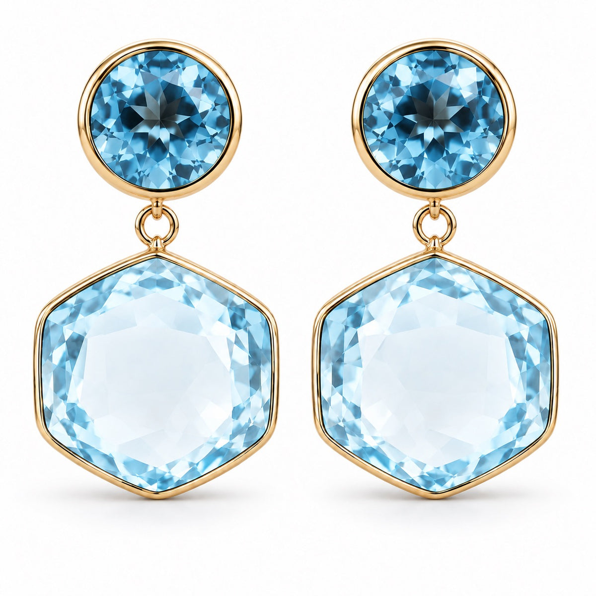 14k Blue Topaz Bezel Hexagon and Round Post Earring