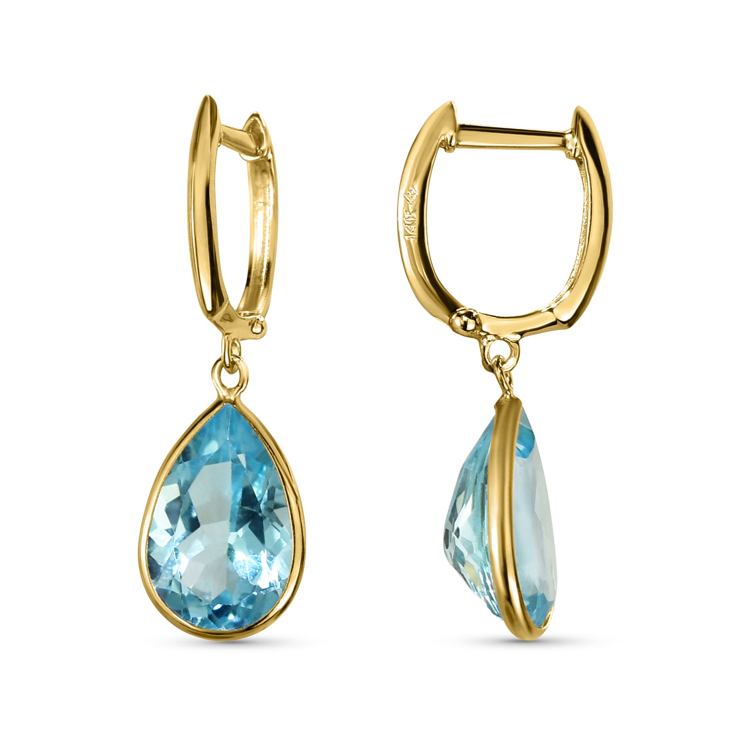 14k Blue Topaz Pear Bezel Drop Hoop Earring