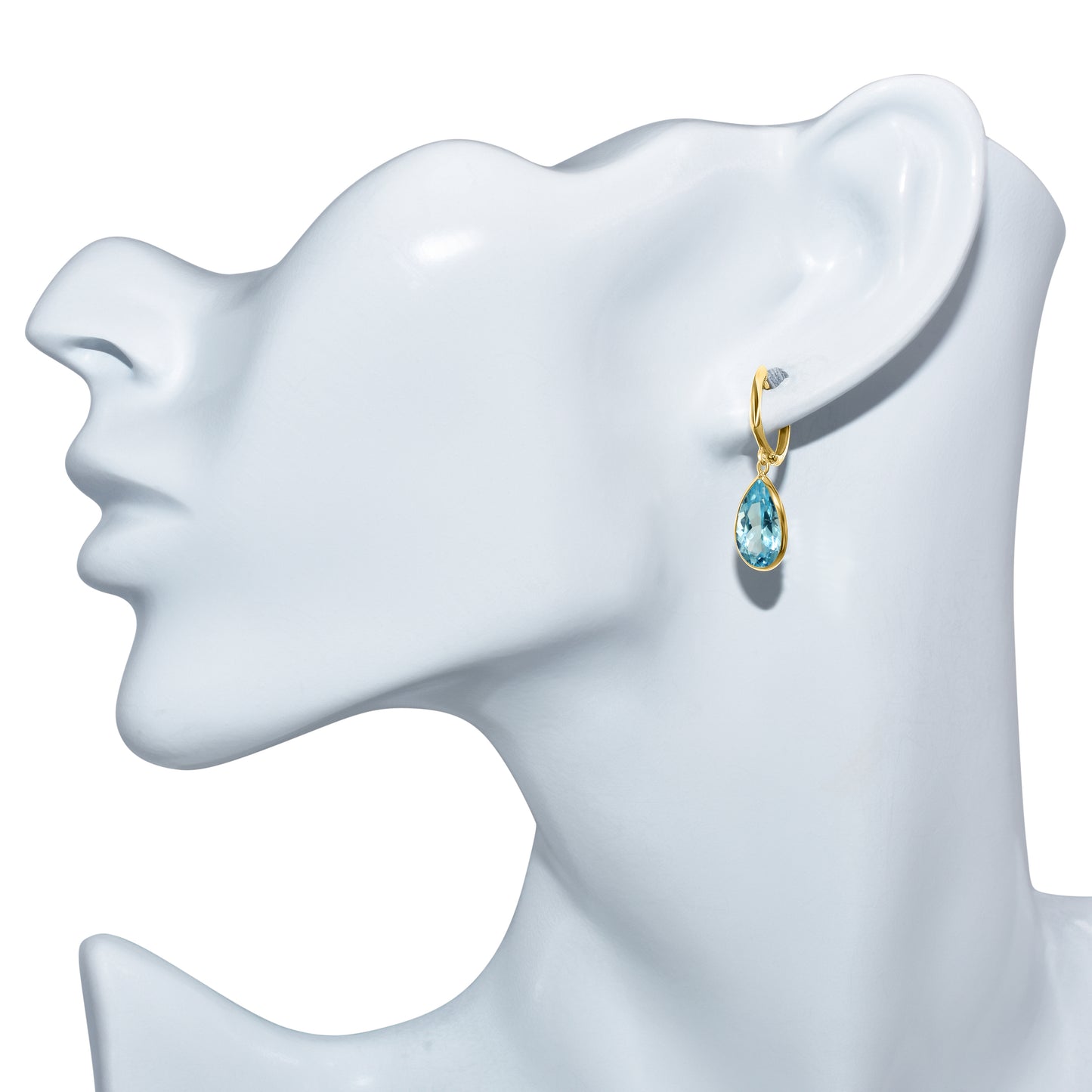 14k Blue Topaz Pear Bezel Drop Hoop Earring