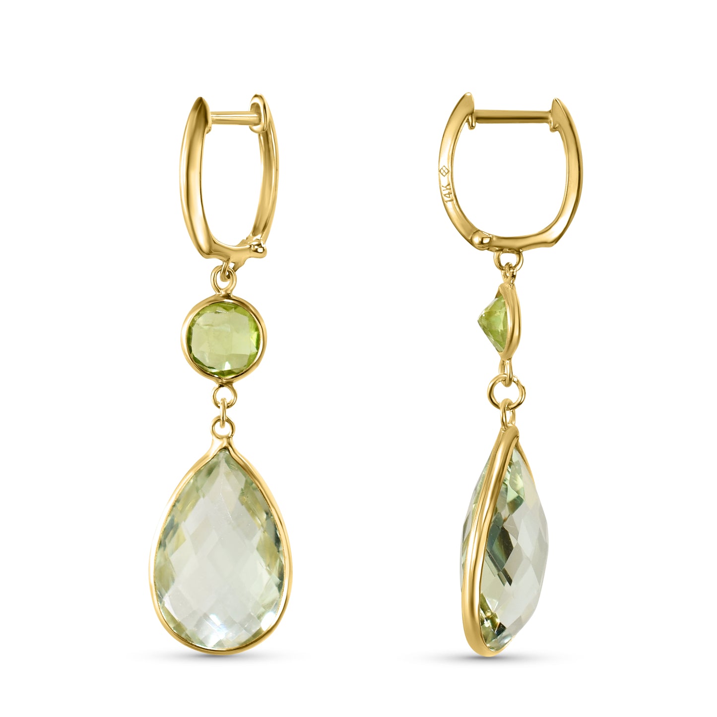 14k Green Amethyst Bezel Drop Hoop Earring