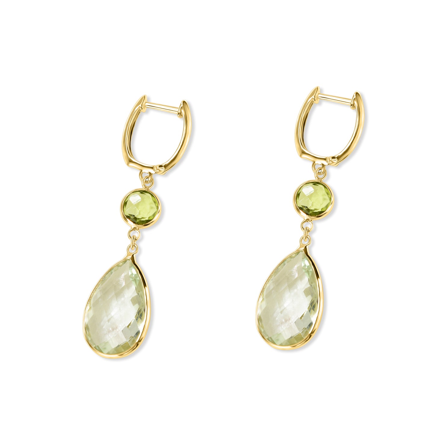 14k Green Amethyst Bezel Drop Hoop Earring