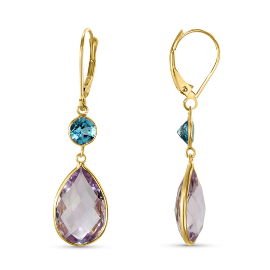 14k Pink Amethyst Swiss Blue Topaz Leverback Earring