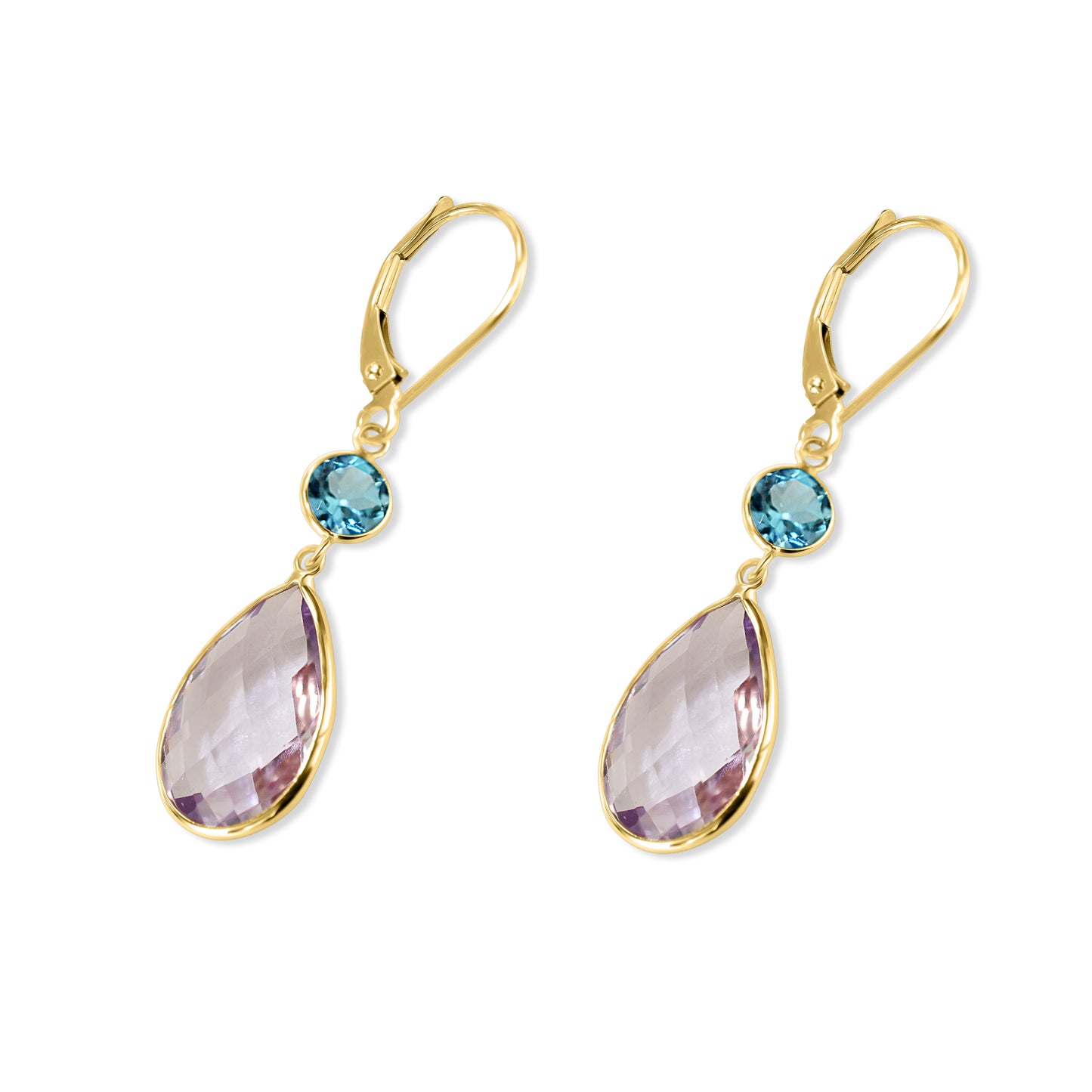 14k Pink Amethyst Swiss Blue Topaz Leverback Earring