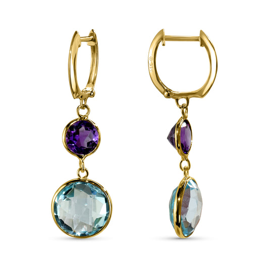 14k Amethyst Blue Topaz Round Bezel Hoop Earring