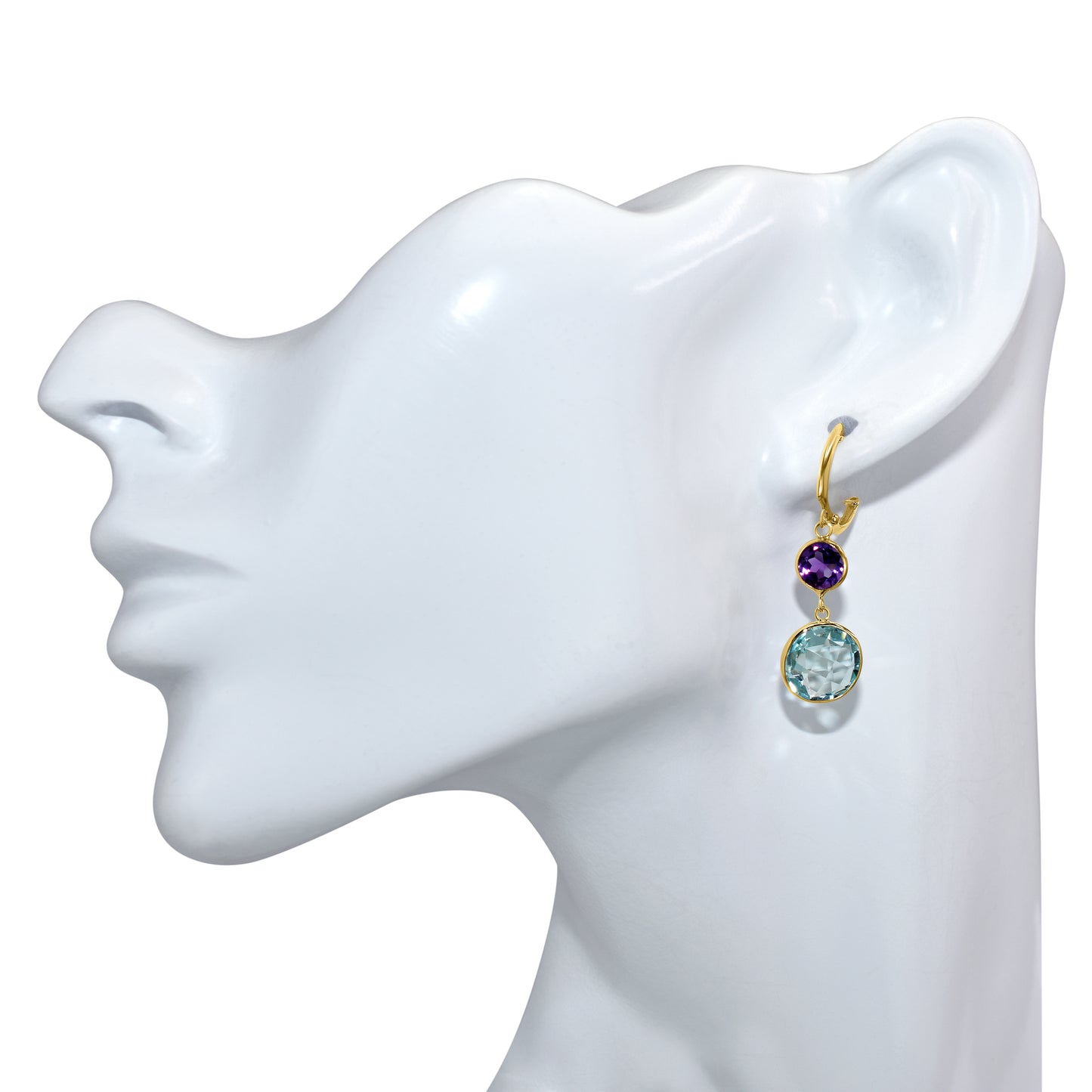 14k Amethyst Blue Topaz Round Bezel Hoop Earring