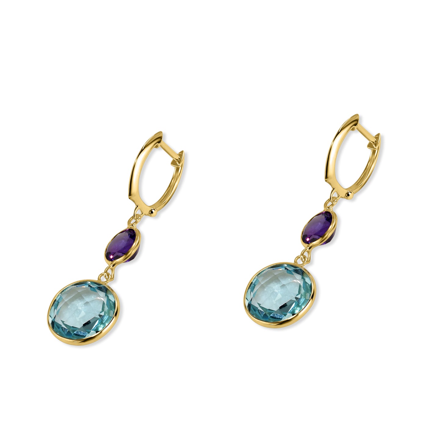 14k Amethyst Blue Topaz Round Bezel Hoop Earring