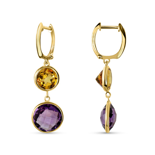 14k Citrine Amethyst Round Bezel Hoop Earring