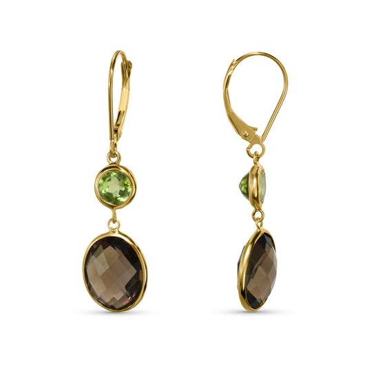 14k Peridot Smoky Quartz Oval Leverback Earring