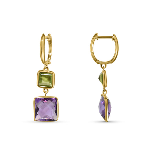 14k Peridot Amethyst Square Hoop Earring