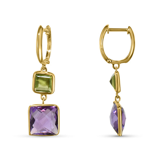 14k Peridot Amethyst Square Hoop Earring