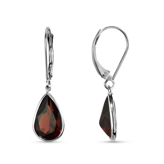 14k White Gold Garnet Pear Leverback Earring