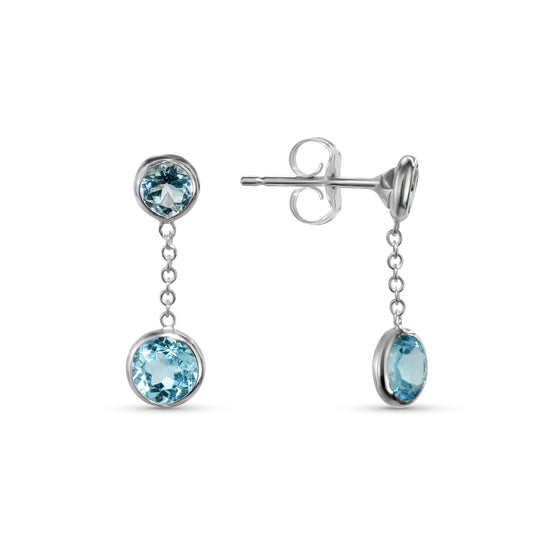 14k White Gold Swiss Blue Topaz Round Bezel Dangle Post Earring