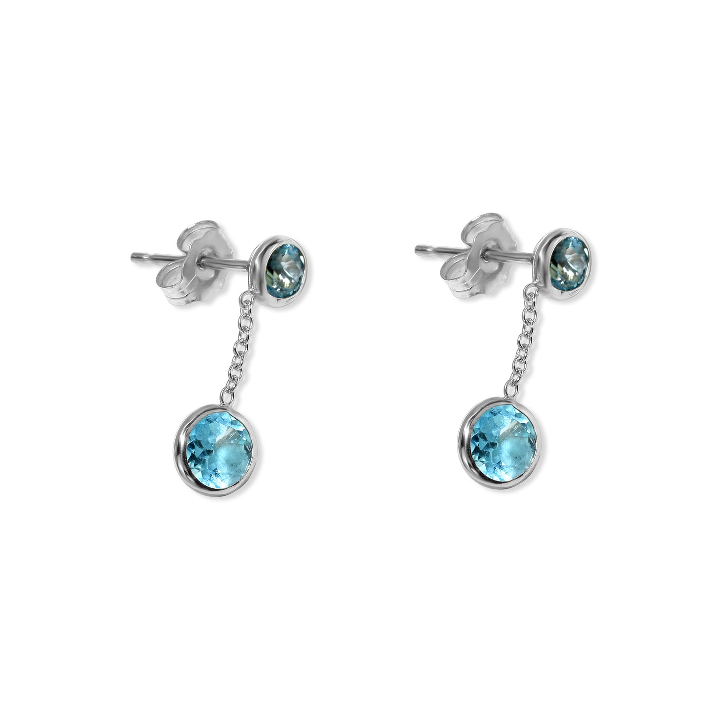 14k White Gold Swiss Blue Topaz Round Bezel Dangle Post Earring