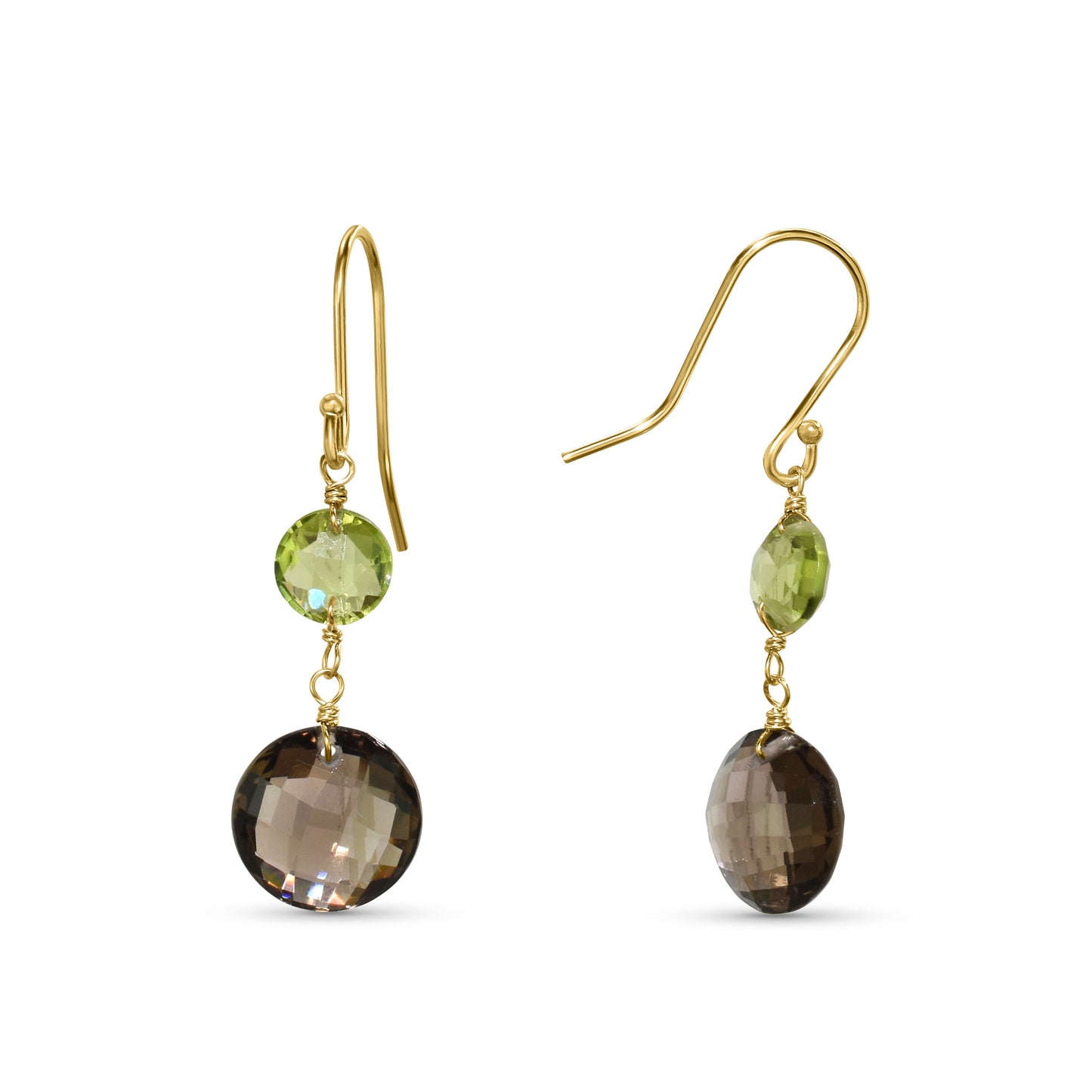 14k Peridot Smoky Quartz Coin Hook Earring