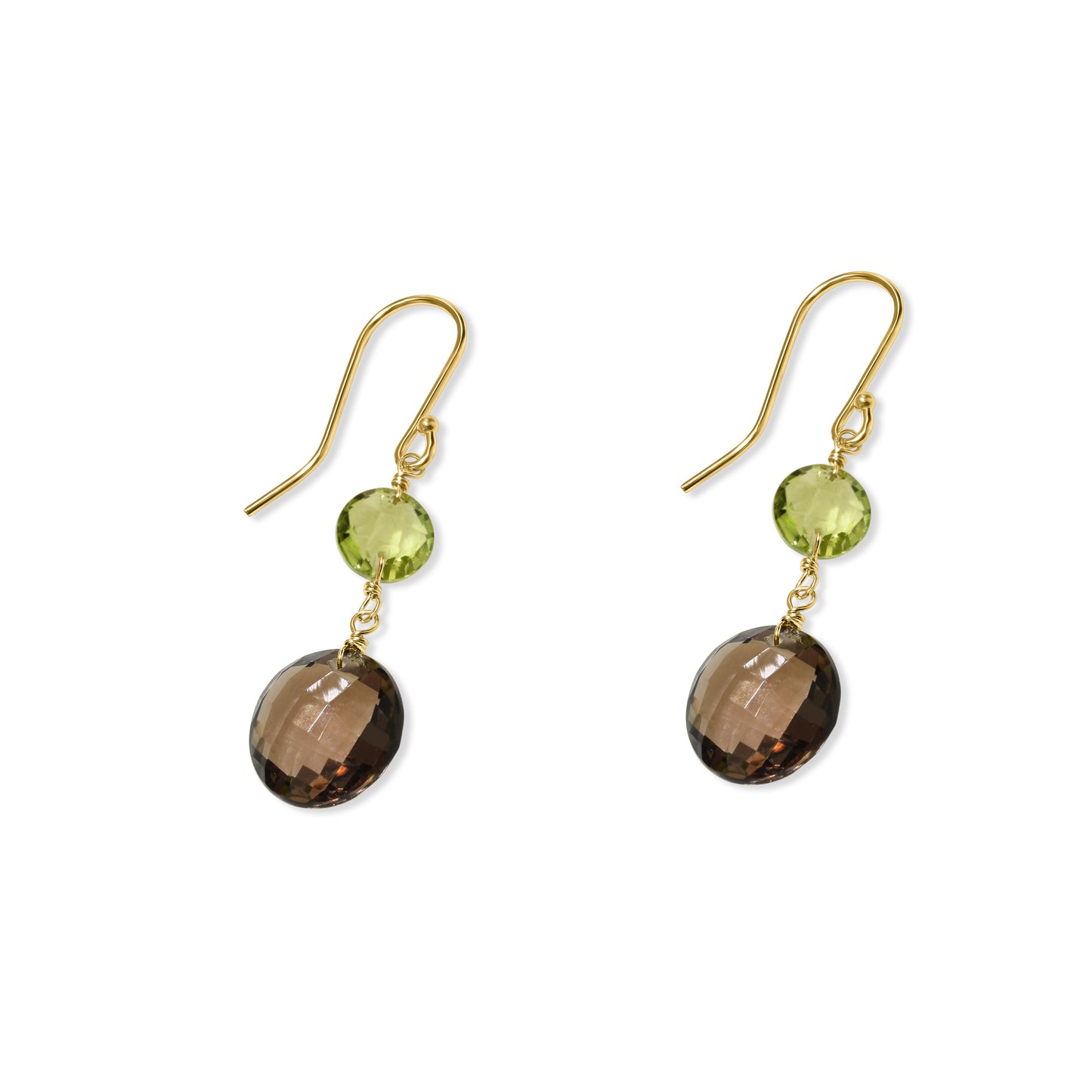 14k Peridot Smoky Quartz Coin Hook Earring