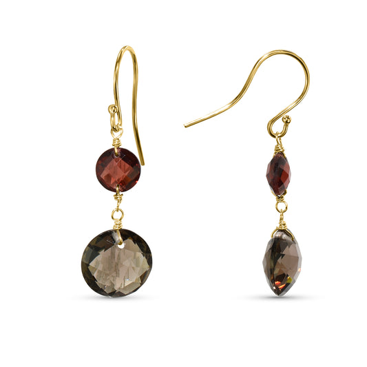 14k Garnet Smoky Quartz Coin Hook Earring