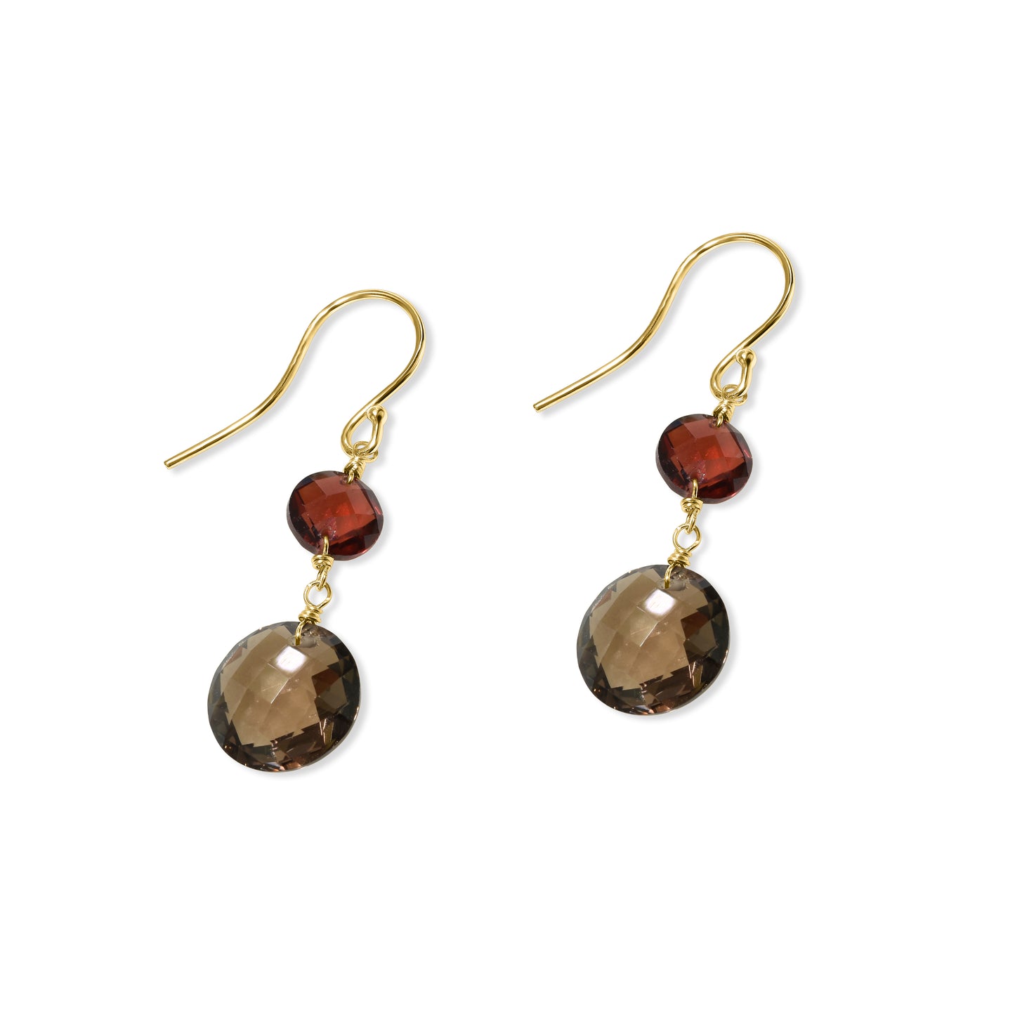 14k Garnet Smoky Quartz Coin Hook Earring