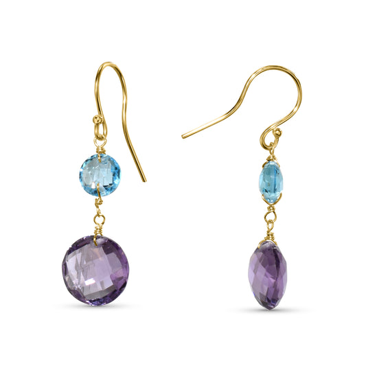 14k Swiss Blue Topaz Amethyst Coin Hook Earring