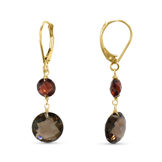 14k Garnet Smoky Quartz Coin Leverback Earring