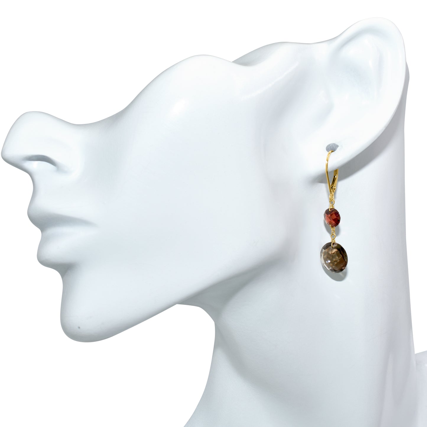 14k Garnet Smoky Quartz Coin Leverback Earring