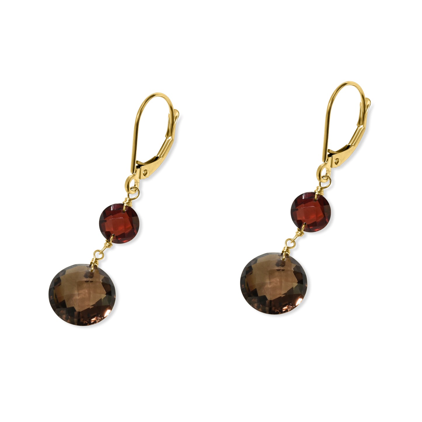 14k Garnet Smoky Quartz Coin Leverback Earring