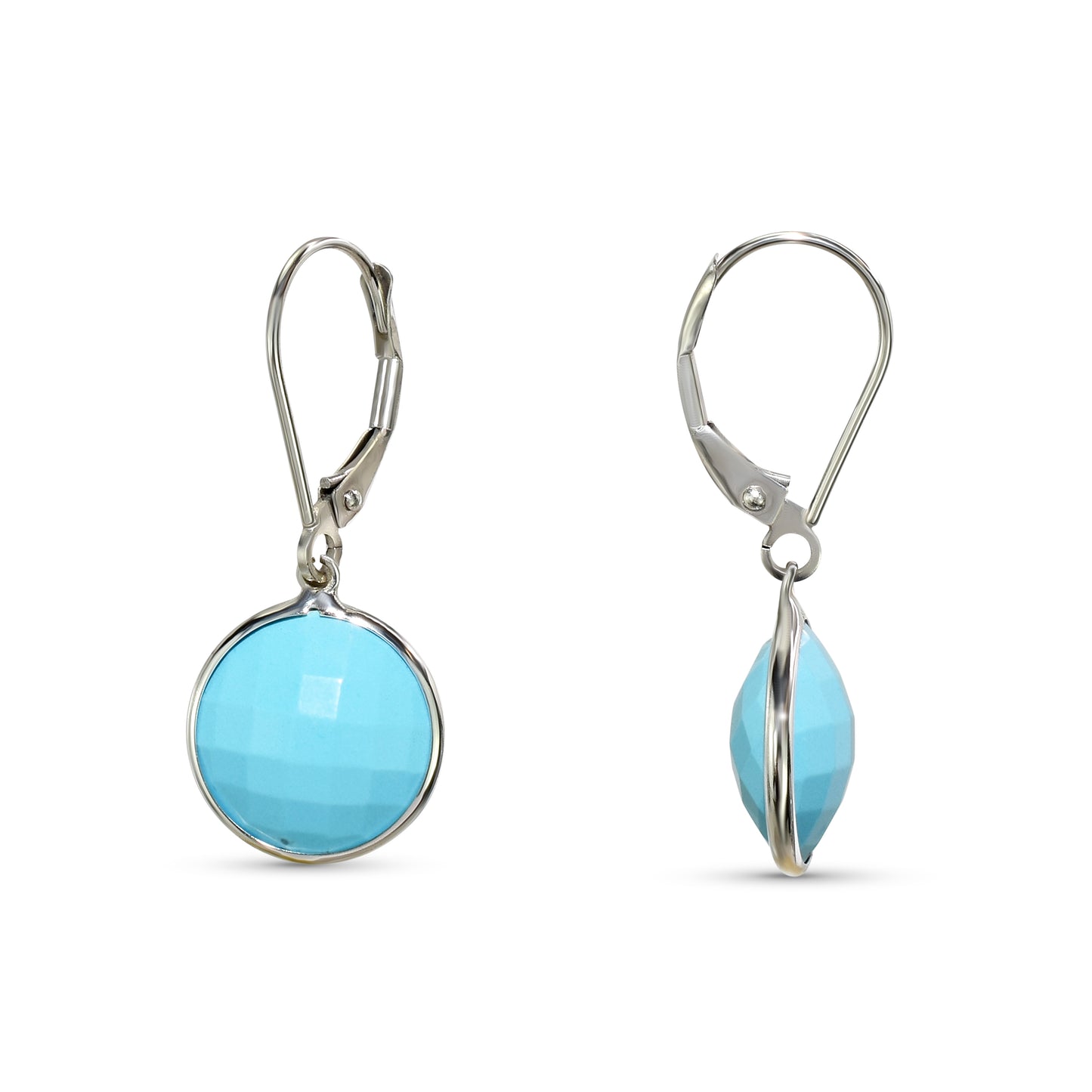 14k White Gold Turquoise Faceted Coin Leverback Earring