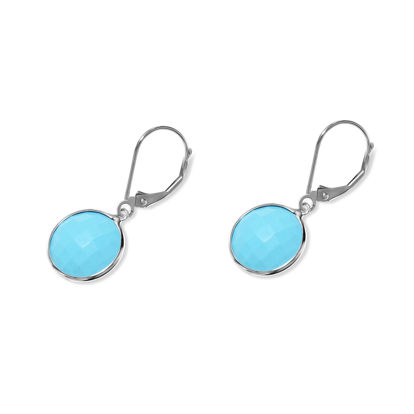 14k White Gold Turquoise Faceted Coin Leverback Earring