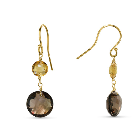 14k Citrine Smoky Quartz Coin Hook Earring