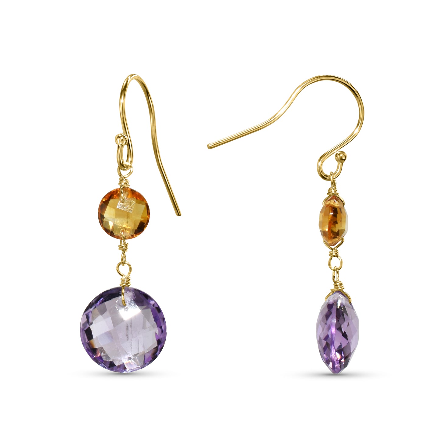 14k Citrine Amethyst Coin Hook Earring