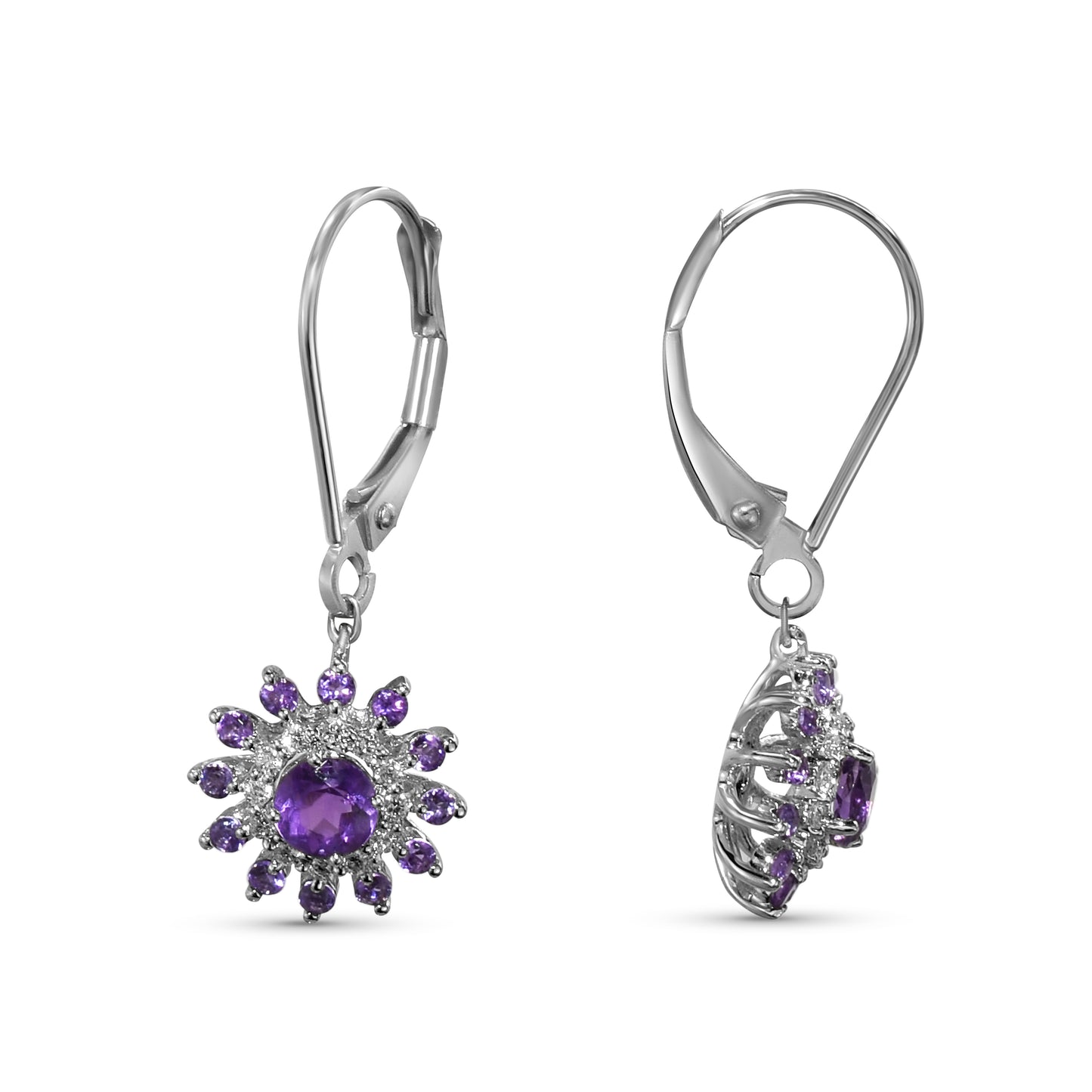 14K White Gold Amethyst Diamond Leverback Earring