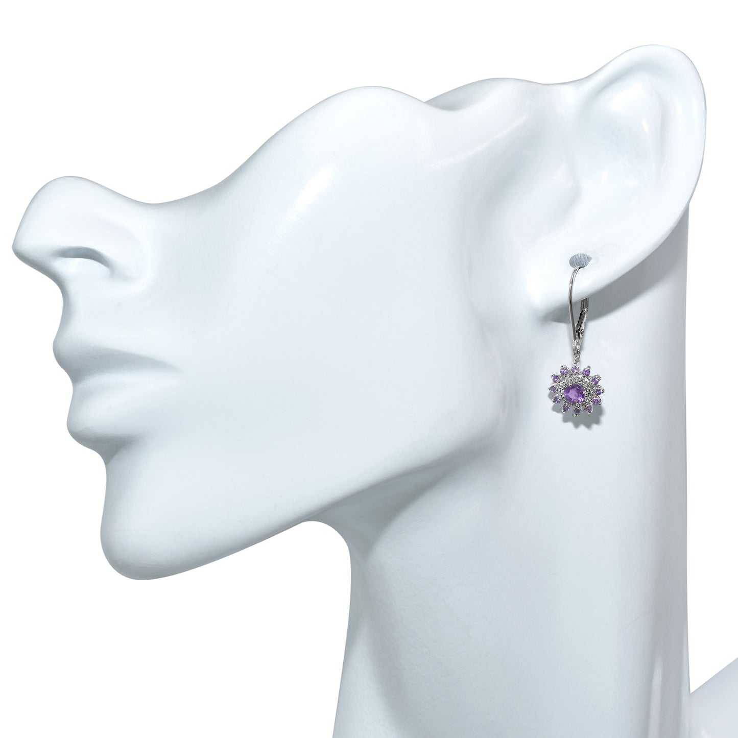 14K White Gold Amethyst Diamond Leverback Earring