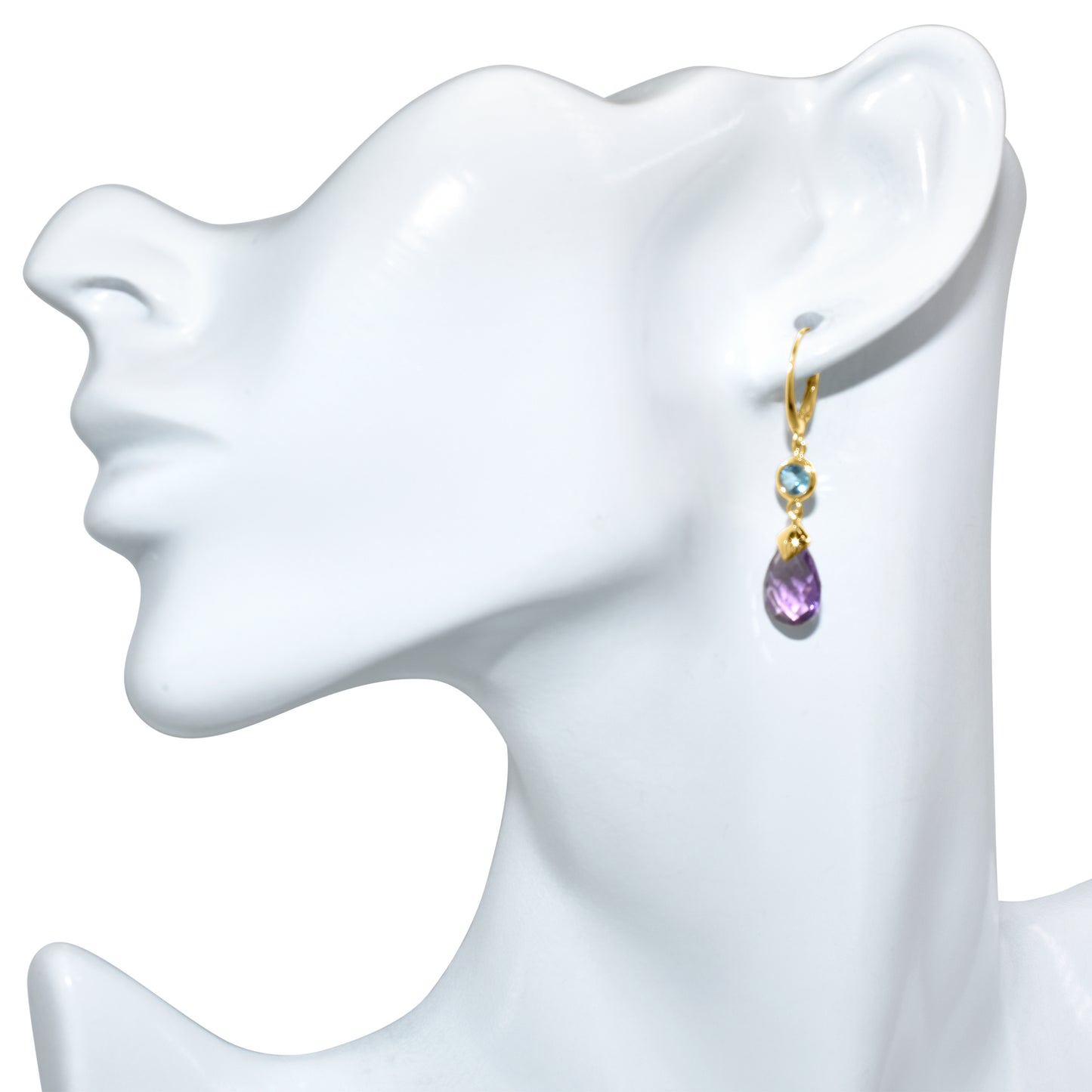 14k Swiss Blue Topaz Amethyst Round Leverback Earring