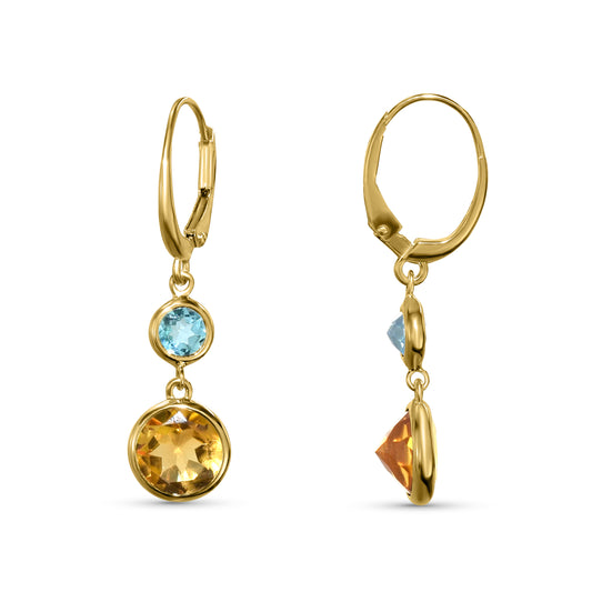 14k Swiss Blue Topaz Citrine Round Leverback Earring