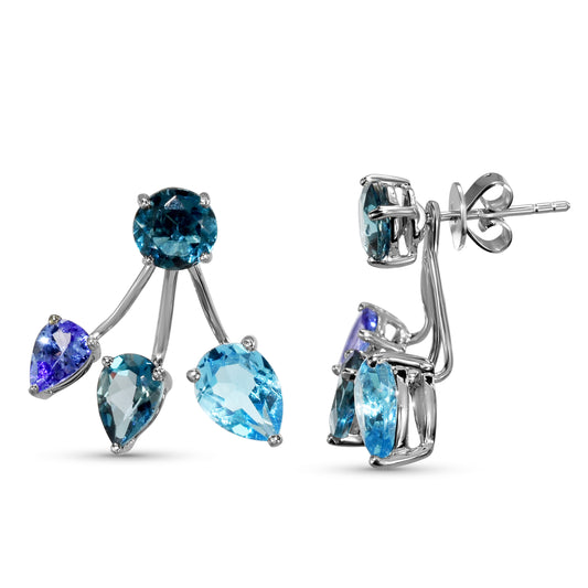 14k White Gold Blue Topaz Tanzanite Front Back Earring