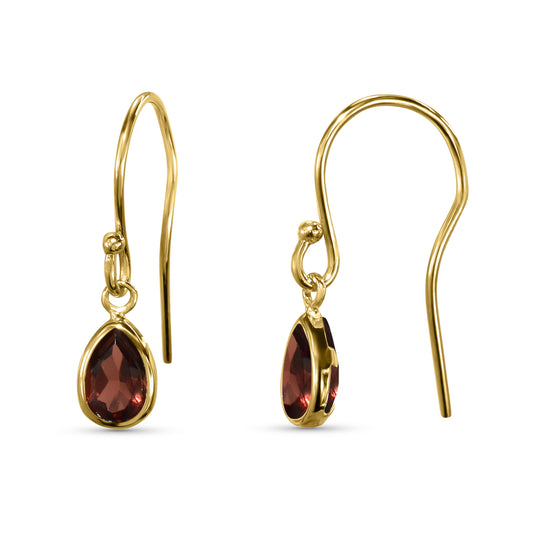 14k Garnet Pear Bezel Set Hook Earring