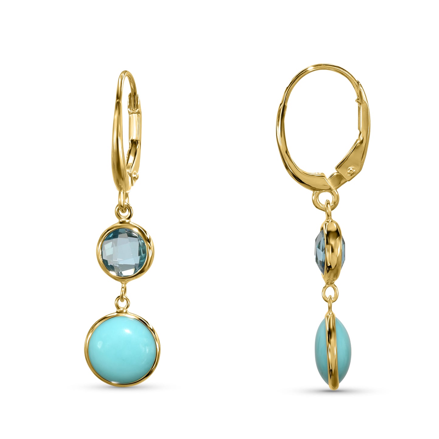 14k Swiss Blue Topaz Turquoise Round Leverback Earring