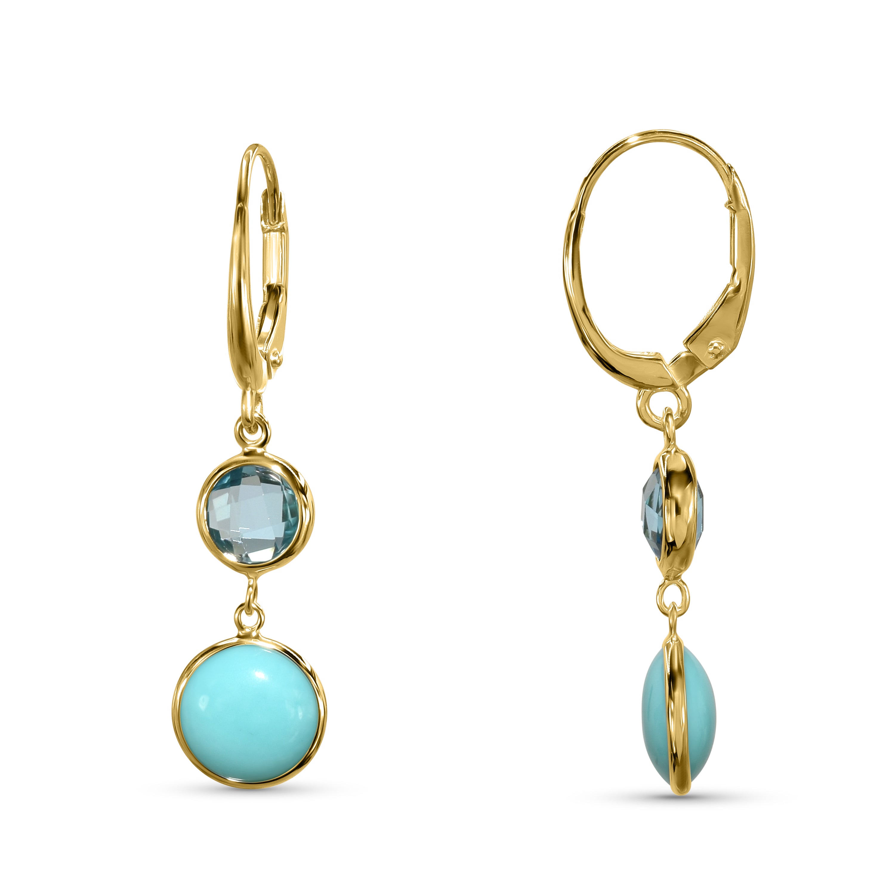 14k Swiss Blue Topaz Turquoise Round Leverback Earring