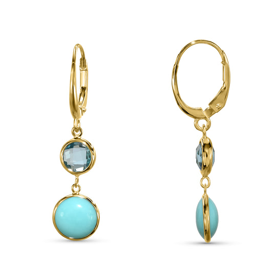 14k Swiss Blue Topaz Turquoise Round Leverback Earring