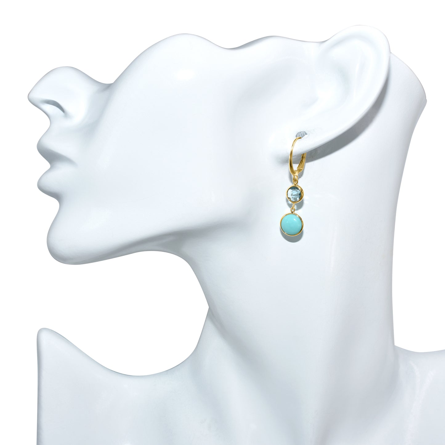14k Swiss Blue Topaz Turquoise Round Leverback Earring