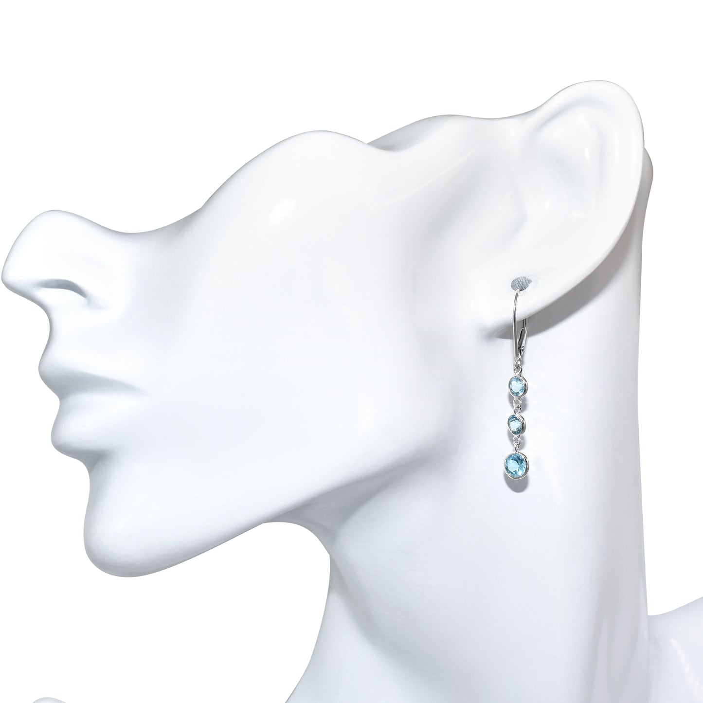 14k White Gold Blue Topaz Three Round Bezel Dangle Leverback Earring