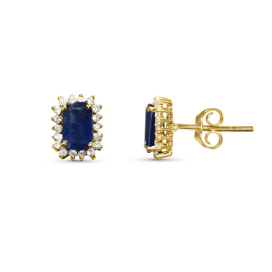 14k Emerald Cut Diamond Sapphire Earring