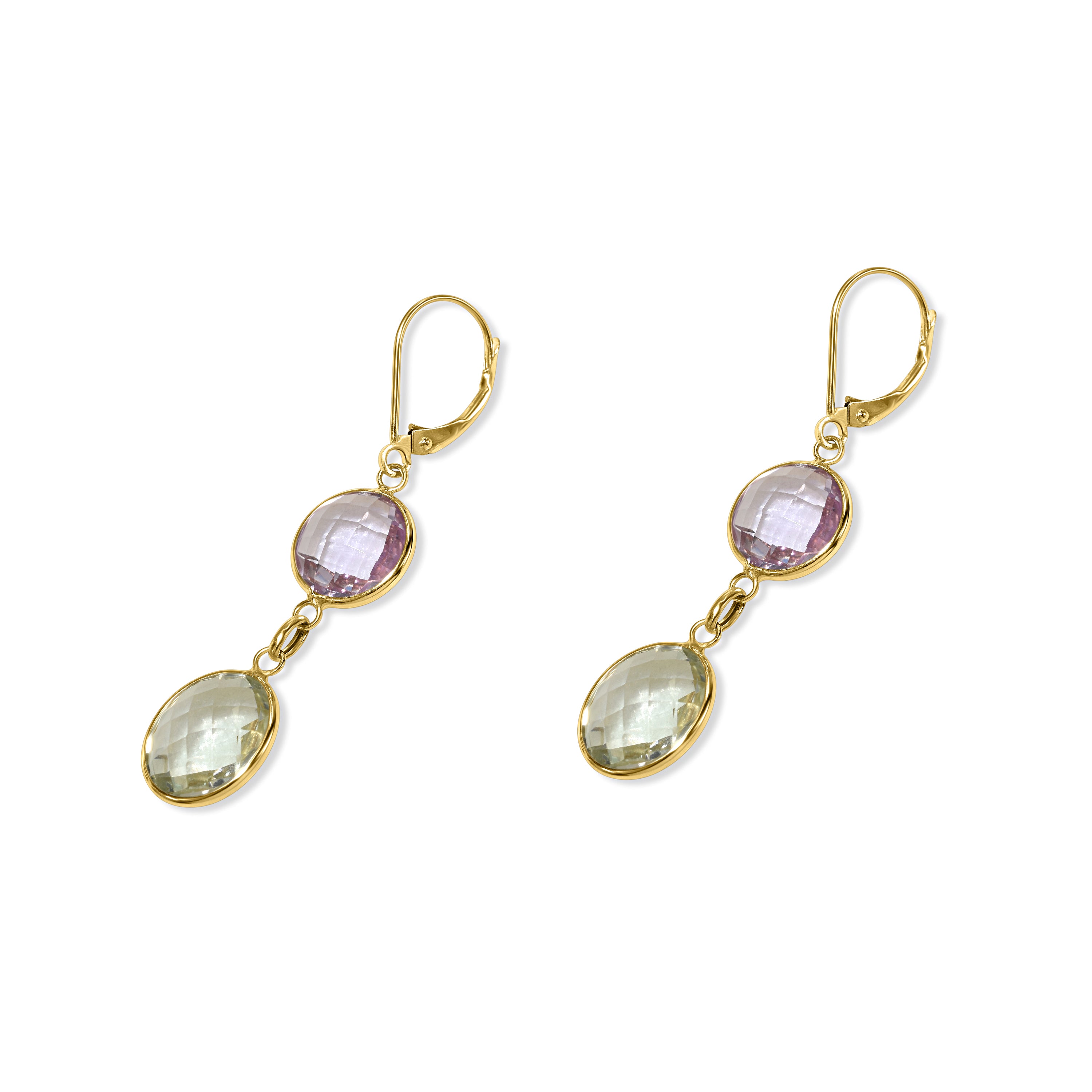14k Yellow Pink & Green Amethyst Leverback Earring