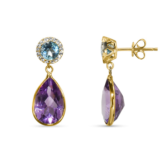 14k Swiss Blue Topaz Amethyst Diamond Post Earring