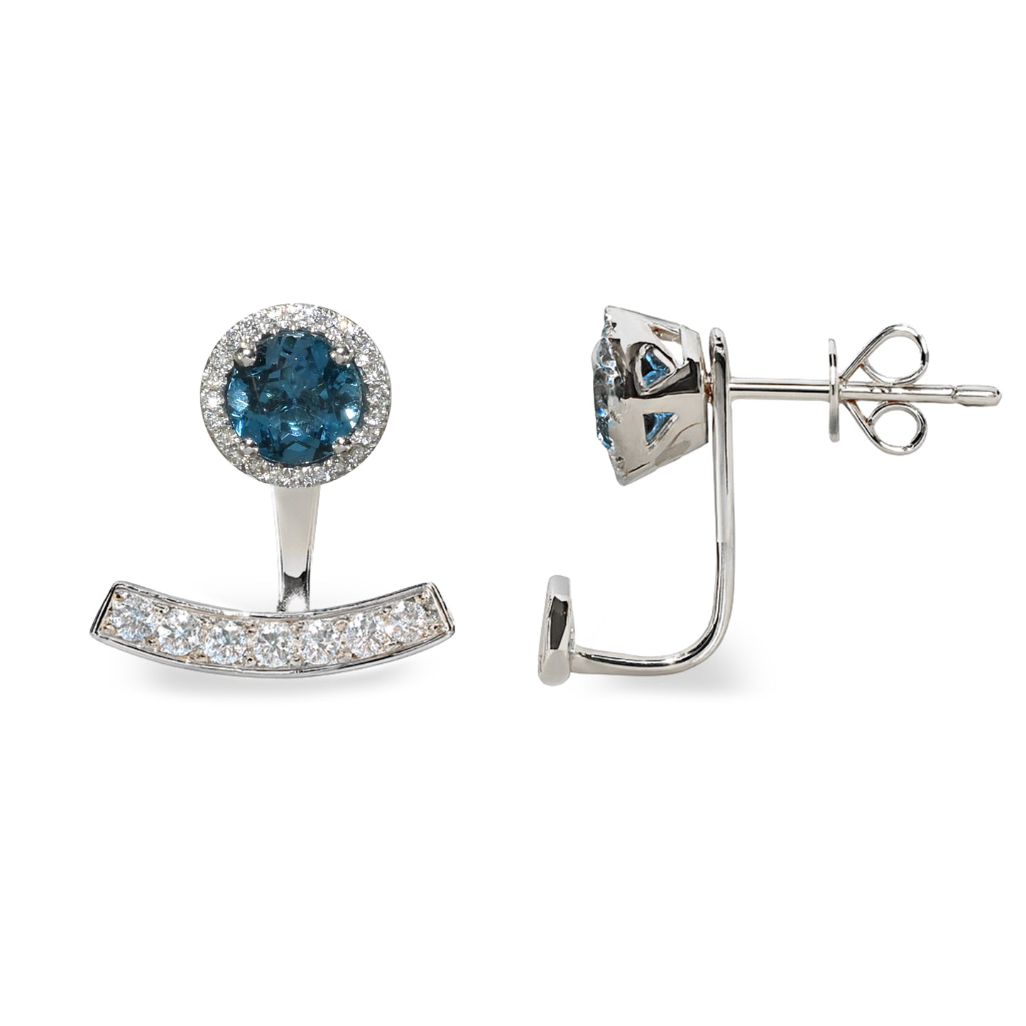 14k White Gold London Blue Topaz Diamond Curved Bar Jacket Front Back Earring