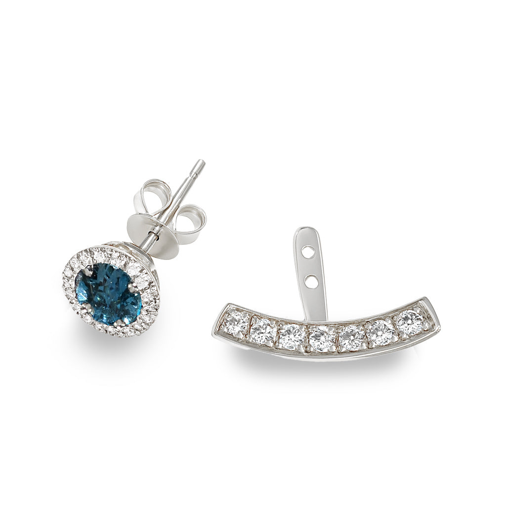 14k White Gold London Blue Topaz Diamond Curved Bar Jacket Front Back Earring