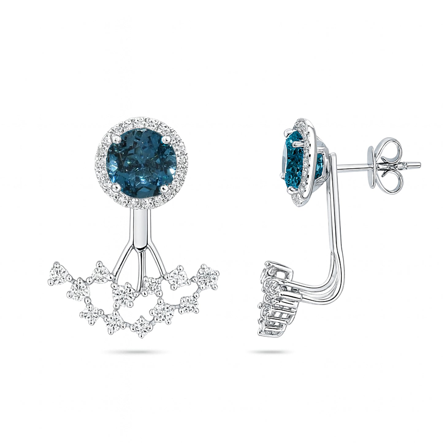 14k White Gold London Blue Topaz Diamond Jacket Front Back Earring