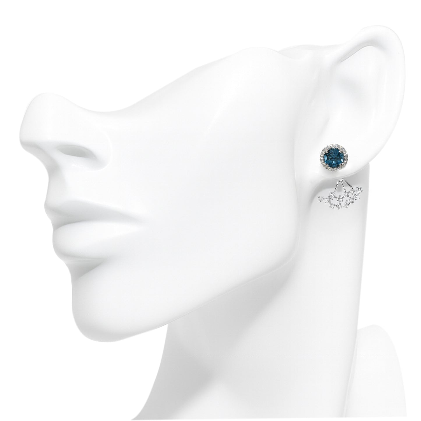 14k White Gold London Blue Topaz Diamond Jacket Front Back Earring