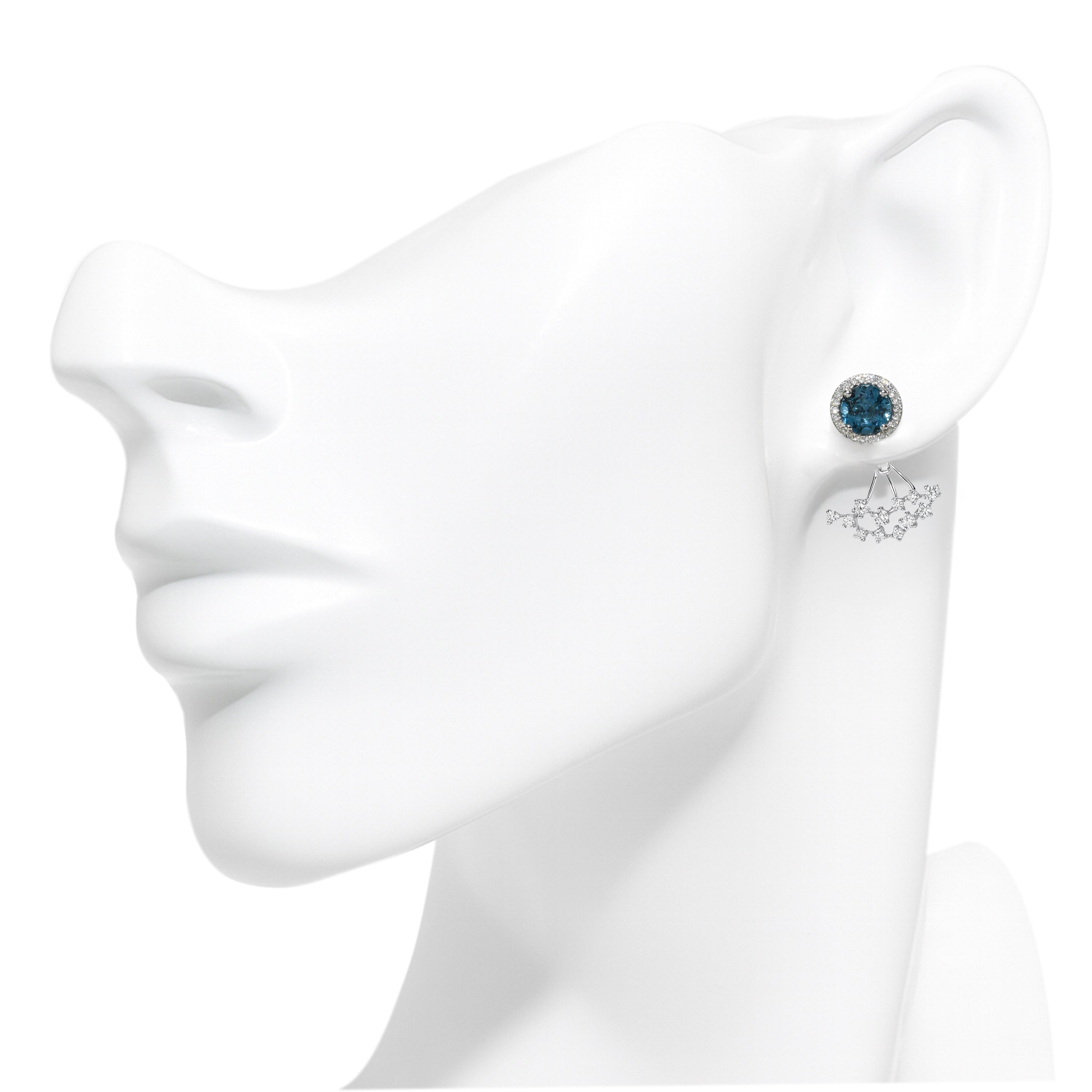 14k White Gold London Blue Topaz Diamond Jacket Front Back Earring