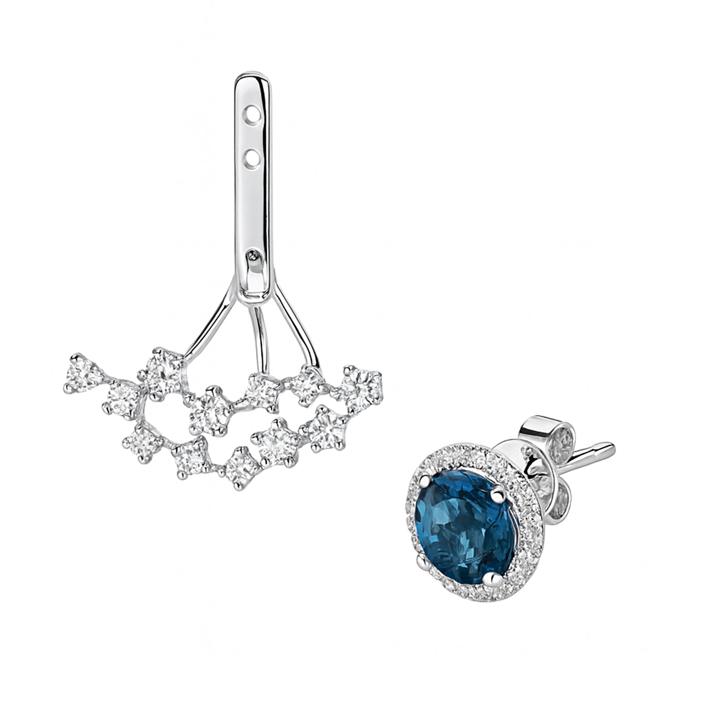 14k White Gold London Blue Topaz Diamond Jacket Front Back Earring