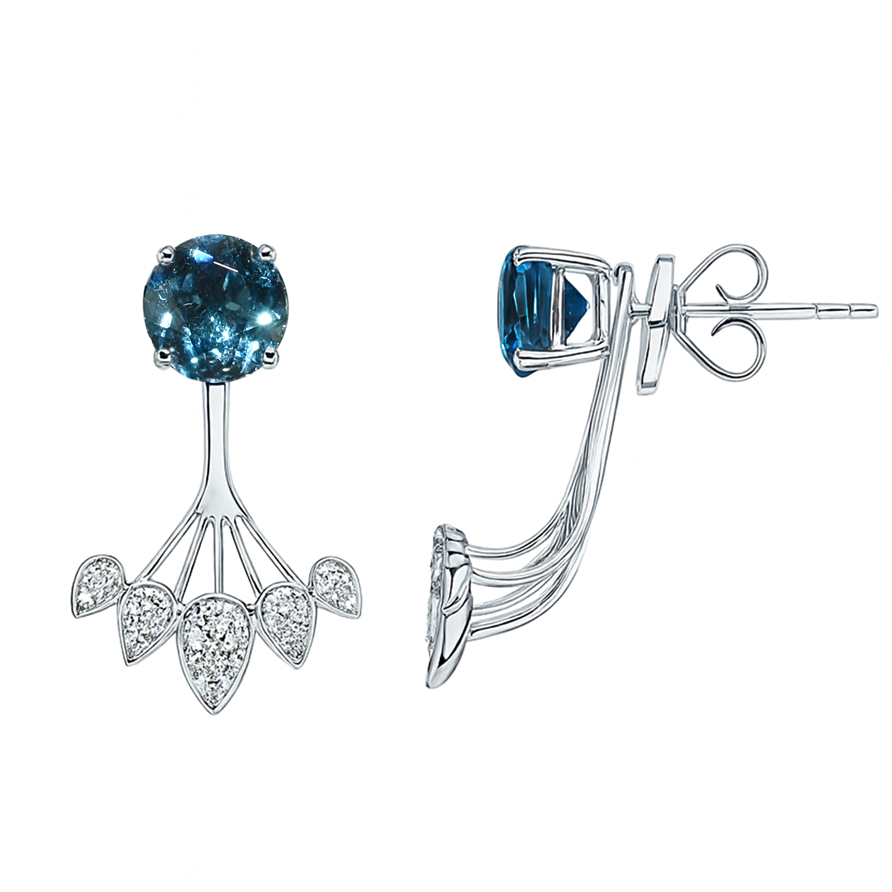 14k White Gold London Blue Topaz Diamond Jacket Front Back Earring